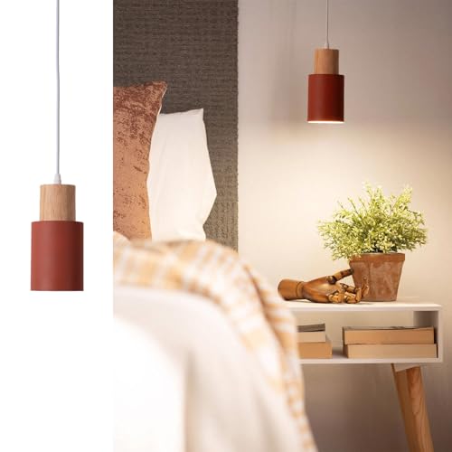 Alpinaluz Lámpara de Techo Colgante – Estilo Nórdico Minimalista – Pantalla Cilíndrica Ø10 cm en Acero Lacado Color Granate Rojo Marrón con Detalle en Madera Natural – Casquillo E27