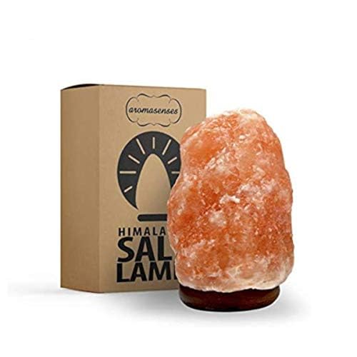 AROMASENSES | Lámpara de Sal del Himalaya | Peso de 2 a 3 kg, con Base de Madera, Cable y Bombilla de 14W | Hecha a Mano | Purifica el Aire | Lámparas Originales de Sal de Himalaya Rosa