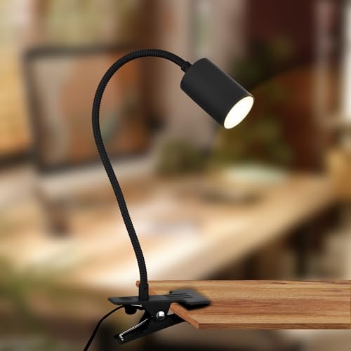 B.K.Licht - Lámpara de sobremesa con interruptor por cable, color de luz blanco cálido, orientable, lámpara de lectura, lámpara de pinza, cabecera, oficina, cama, luz para niños, 40x10x6,5cm, negro