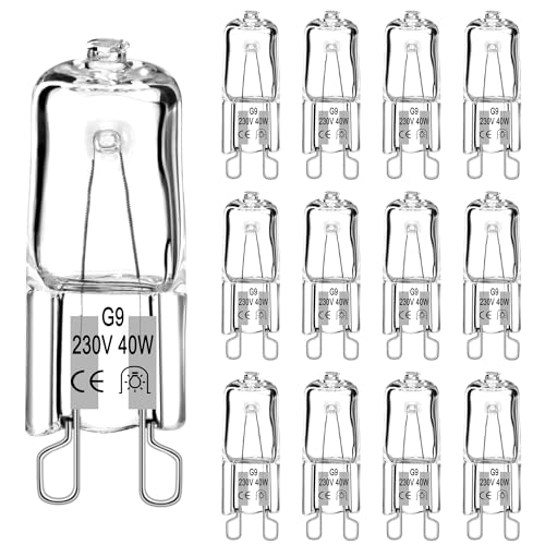 Bombilla halógena G9 (12 unidades) Bombilla G9 40 W, 230 V, blanco cálido, 560 lm, 2700 K, sin parpadeo, regulable, bombilla halógena para horno, 40 W, 300 grados, microondas, lámpara de cristal,
