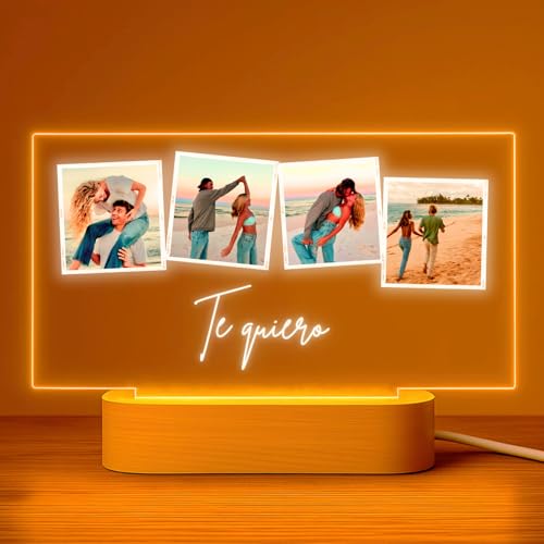 Cristal Plaque Lamparas Personalizadas con 4 Fotos y Mensaje – Placa Metacrilato Personalizada para Regalar Cumpleaños, Boda, Aniversario – Lampara Foto Personalizada con Luz LED y Base de Madera USB