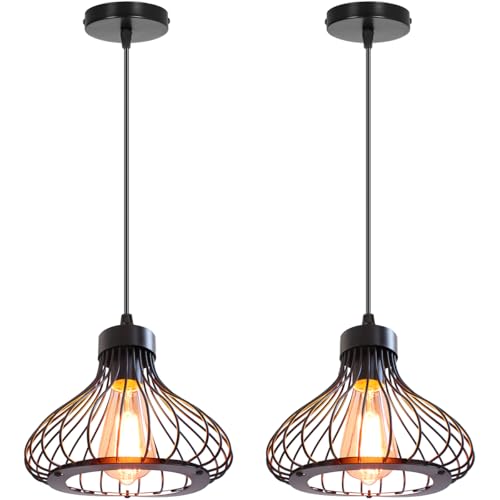 iDEGU 2 Piezas Lámparas de Techo Industriales Lámpara Colgante Estilo Vintage 23cm Pantalla de Metal en Forma de Jaula Negra Luz Colgante para Cocina Comedor Salón Bar Pasillo Restaurante (# Negro)