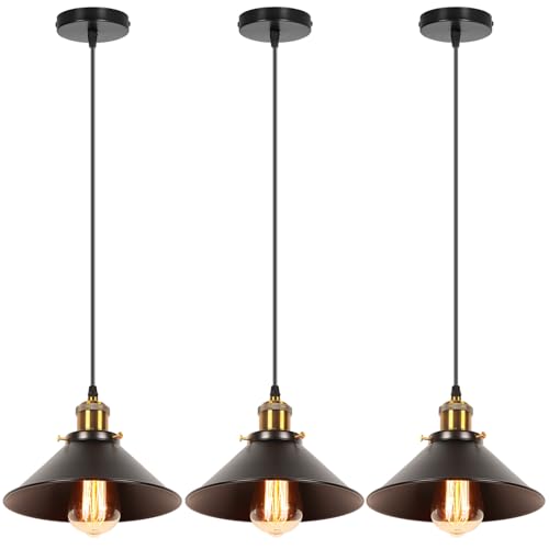iDEGU 3 Piezas Lámparas Colgantes Vintage, 22CM Lámparas de Techo Retro de Metal Estilo Edison Industrial E27 Iluminación para Comedor, Cocina, Salón, Bar, Restaurante (3x Negro)