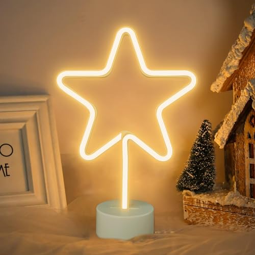 JIURUIFFC Estrella Luces de Neón LED, Neón LED en forma de estrella con base, Operación USB/batería, Decorar el dormitorio del hogar, la Mesa de la tienda, la fiesta,los regalos de cumpleaños