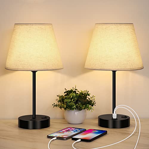LIANTRAL 2 Piezas Lámpara de Mesa, Lámpara moderna de cabecera con Puerto de carga USB, lámpara de Noche Pantalla de Tela de Lino y Base de Metal, para dormitorio, salón (Excluyendo Bombillas)
