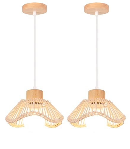 LIGKIN 2 Piezas Lámparas Colgantes de Bambú Tejido a Mano Pantalla E27 Lámpara Colgante de Ratán Lámpara de Techo de Madera Vintage para Salón Restaurante