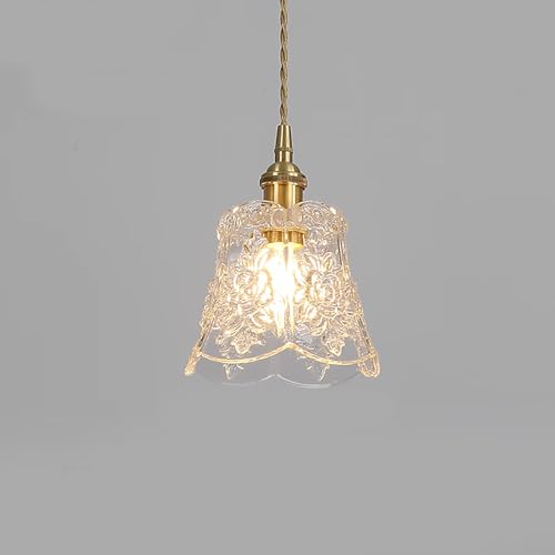 Lámpara Colgante de Latón Vintage con Pantalla de Cristal Transparente en Relieve, Base E27 Lámpara Colgante para Isla de Cocina, Comedor, Dormitorio, Pasillo, Hotel, Decoración de Granja