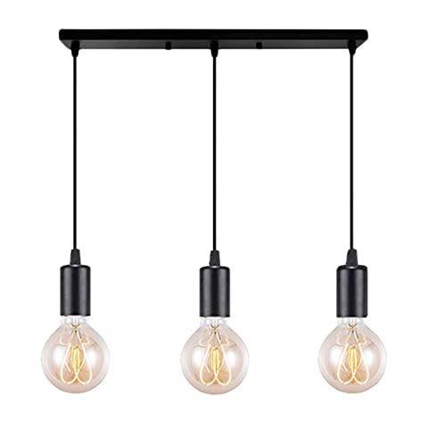 Lámpara colgante vintage industrial con 3 focos con casquillo E27, portalámparas retro, de metal, para cocina, comedor, restaurante, dormitorio, salón (negro)