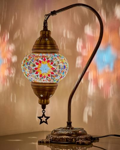 Lámpara turca auténtica DEMMEX, fabricada en Turquía, lámpara de mesa de noche con mosaico turco marroquí, 100% hecha a mano, cuerpo de metal de color latón antiguo y base de metal decorada.
