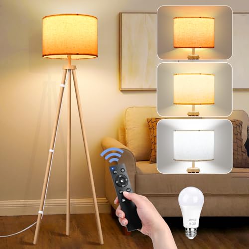 NIKYJM Lámpara de pie Trípode de Madera Lámparas de Pie Regulables con Bombilla E27 12W 3 Colores Regulable 3000K-6000K Lámpara de pie con control remoto para sala de estar Oficina