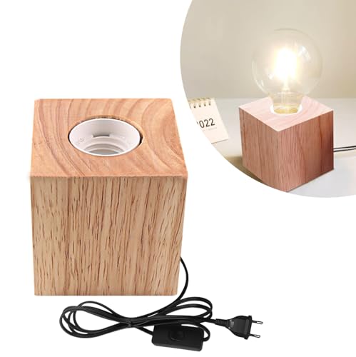 Nizirioo - Lámpara de mesa de madera con cubo, lámpara de noche E27, perfecta para dormitorio, sala de estar y oficina (sin bombilla)
