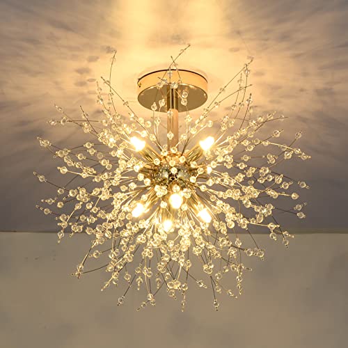 Rayofly Lámpara de Techo de Cristal Moderna, Lámpara de Fuegos artificiales, Luces de techo Doradas, Luz Colgante Regulable, 8 G9,Lámpara para Sala de Estar, Dormitorio, Comedor, Cocina, Pasillo