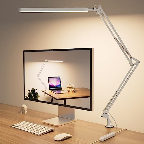 SKYLEO Lámpara Escritorio LED - 80cm Flexo LED Escritorio - 5 Modos X 11 Brillo - 1300LM - Temporizador y Función de Memoria - 12W Luz Escritorio - Blanco
