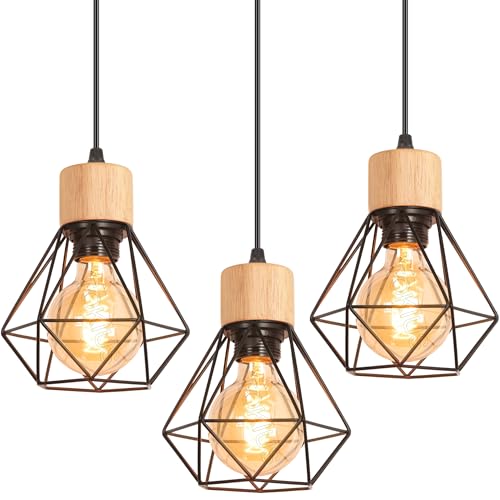 TOKIUS 3 Piezas Lámpara Colgante Vintage 16CM Retro Lámpara de Techo Diseño de Jaula Negro Luz Colgante en Hierro Madera E27 Iluminación de Interior para Pasillo Comedor Dormitorio (Colgante 1 Luz)