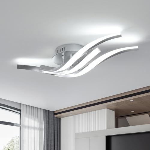 Toolight Lámpara de Techo LED, 24W 2700LM Lamparas LED Techo de Diseño Curvo, Lampara Cocina Techo, Luz Fría 6500K, Lampara de Techo para Pasillo Cocina Salón Dormitorio, Plata, 52CM