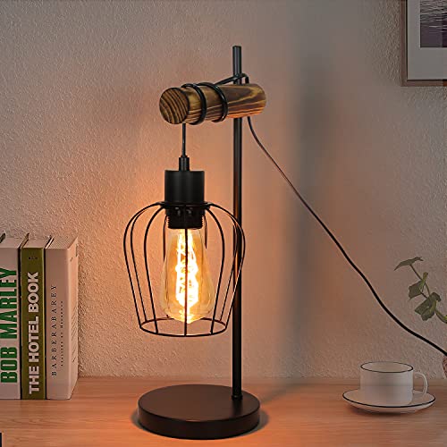 ZMH Lámpara de mesa retro con 1 foco, diseño industrial, de metal y madera, color negro, casquillo E27, incluye interruptor, sin bombilla (50 cm)